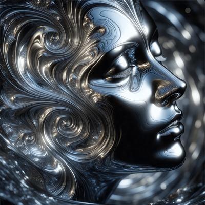 The primary subject of the image is a close-up of a woman's face, with her eyes closed. The setting is a dark, swirling background that adds a dramatic effect to the scene. The visual style is a combination of digital art and illustration, creating a surreal and artistic atmosphere. The colors are predominantly silver and black, giving the image a sleek and modern feel. The overall mood is one of introspection and contemplation.